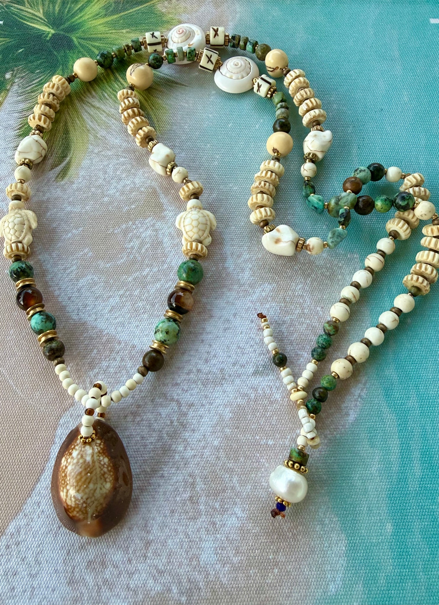 African Cowrie Beaded Turquoise Stone Necklace