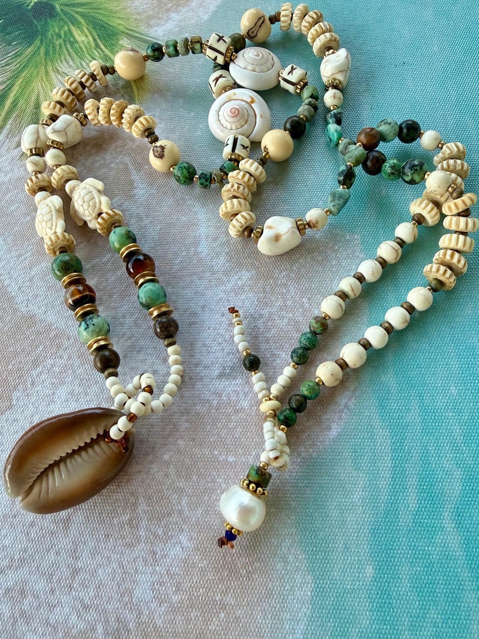 African Cowrie Beaded Turquoise Stone Necklace