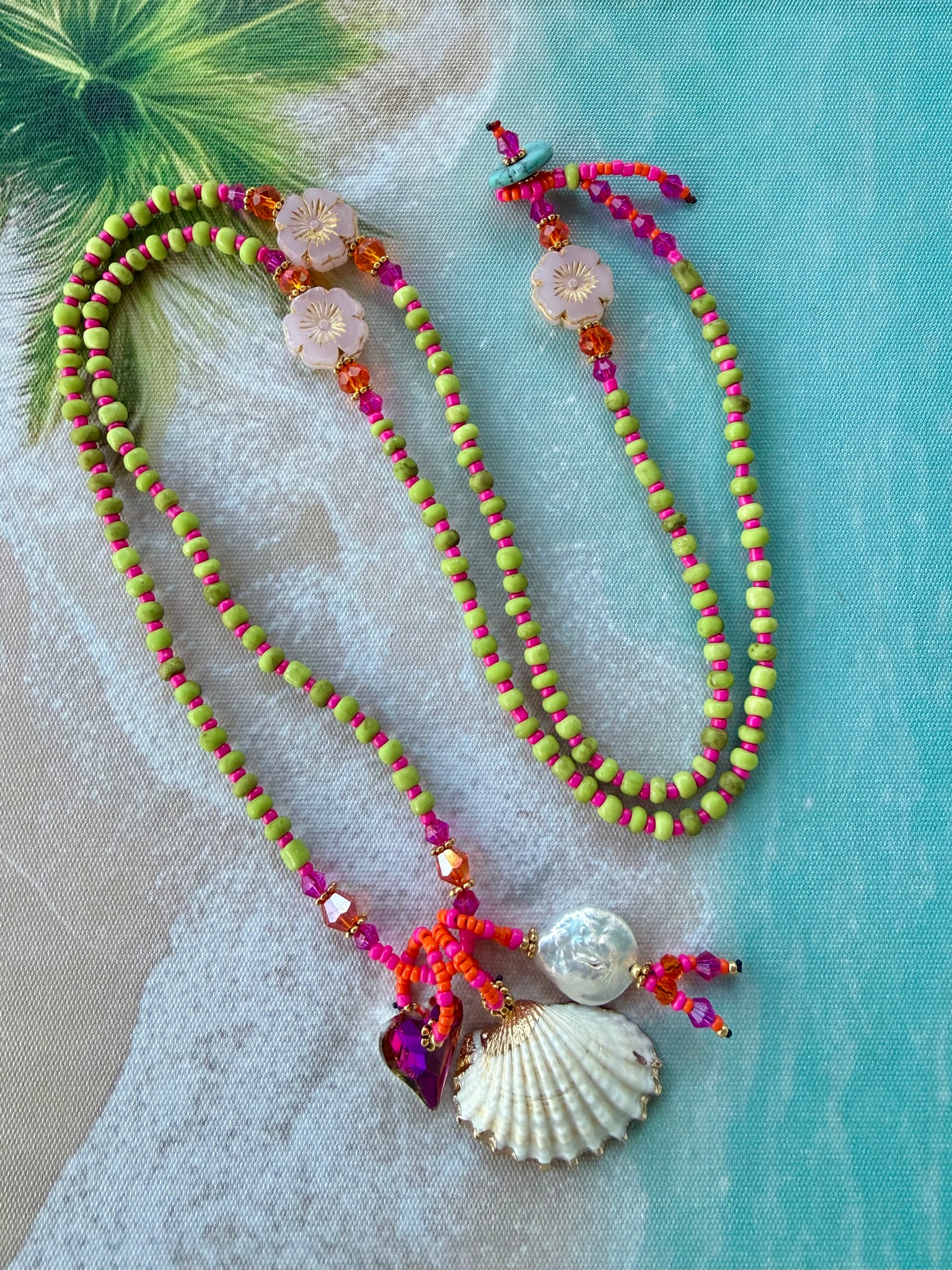 Coastal Lime & Pink Bohemian Shell Necklace