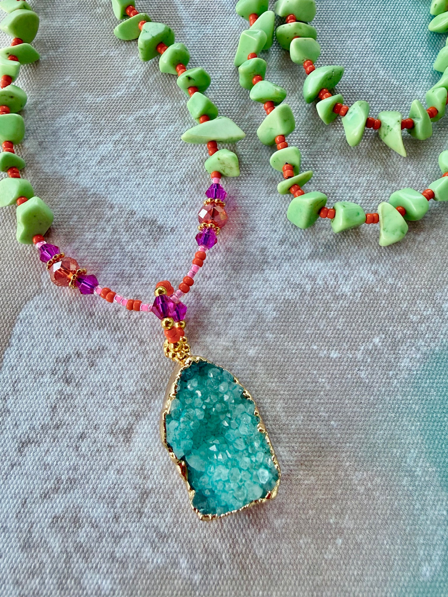 Aqua Druzy Bohemian Stone Necklace