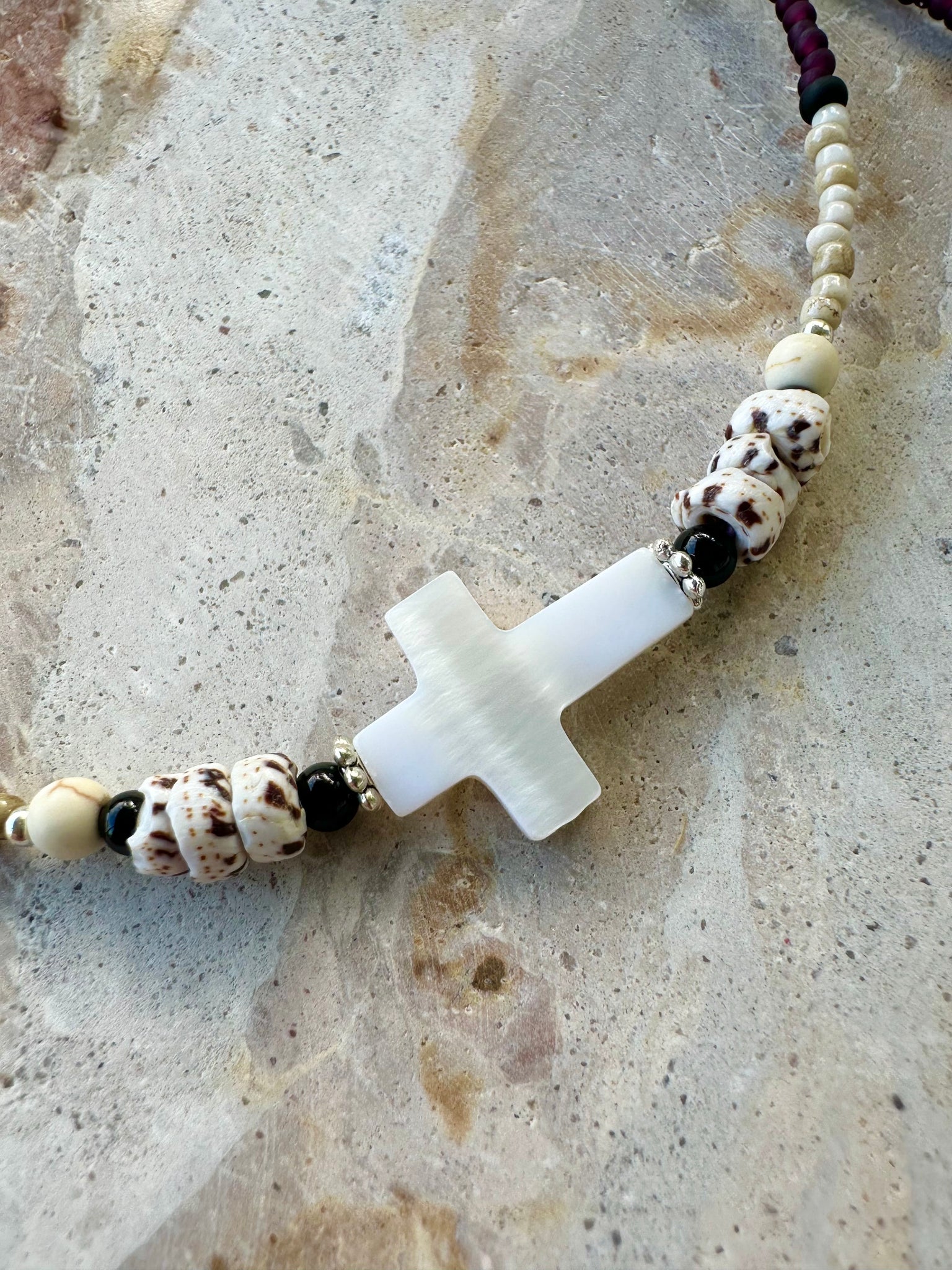 Puka Shell Cross Seed Bead Necklace