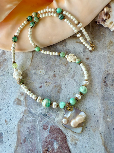 Shell Pearl Beaded Stone Necklace