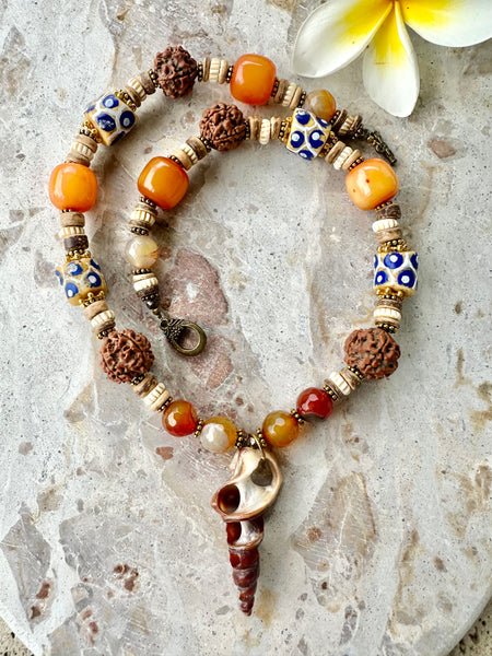 African Trade Bead Rudraksha Nut Shell Necklace