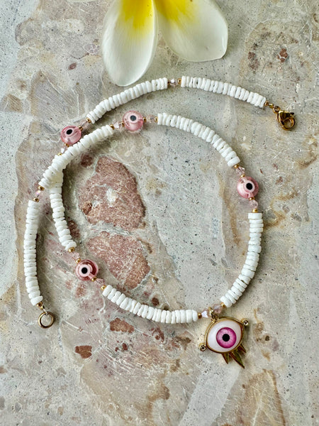 White Shell Beaded Pink Evil Eye Necklace