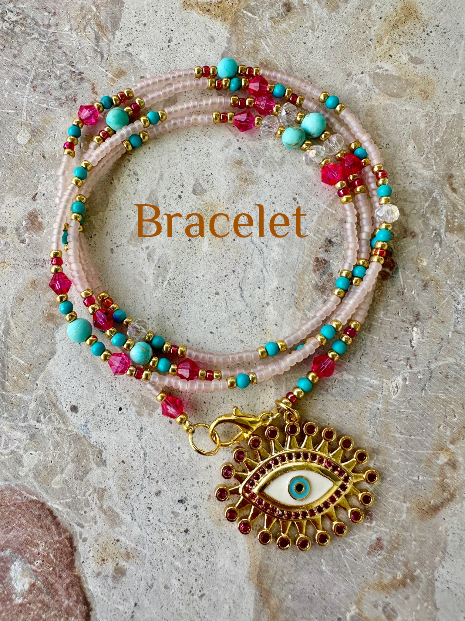 Seed Bead Evil Eye Pink Beaded Bracelet