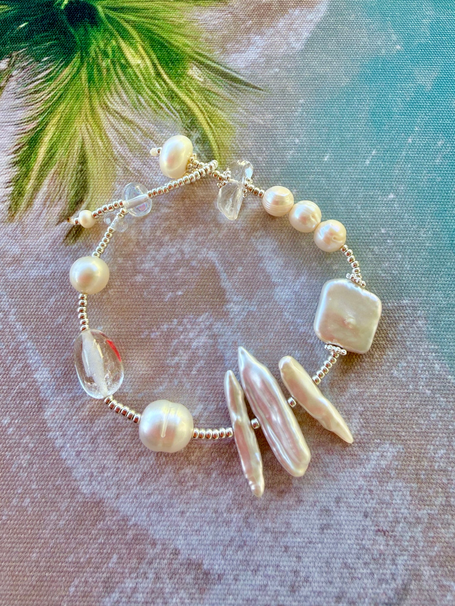 Coastal Pearl & Quartz Crystal Silver Bracelet