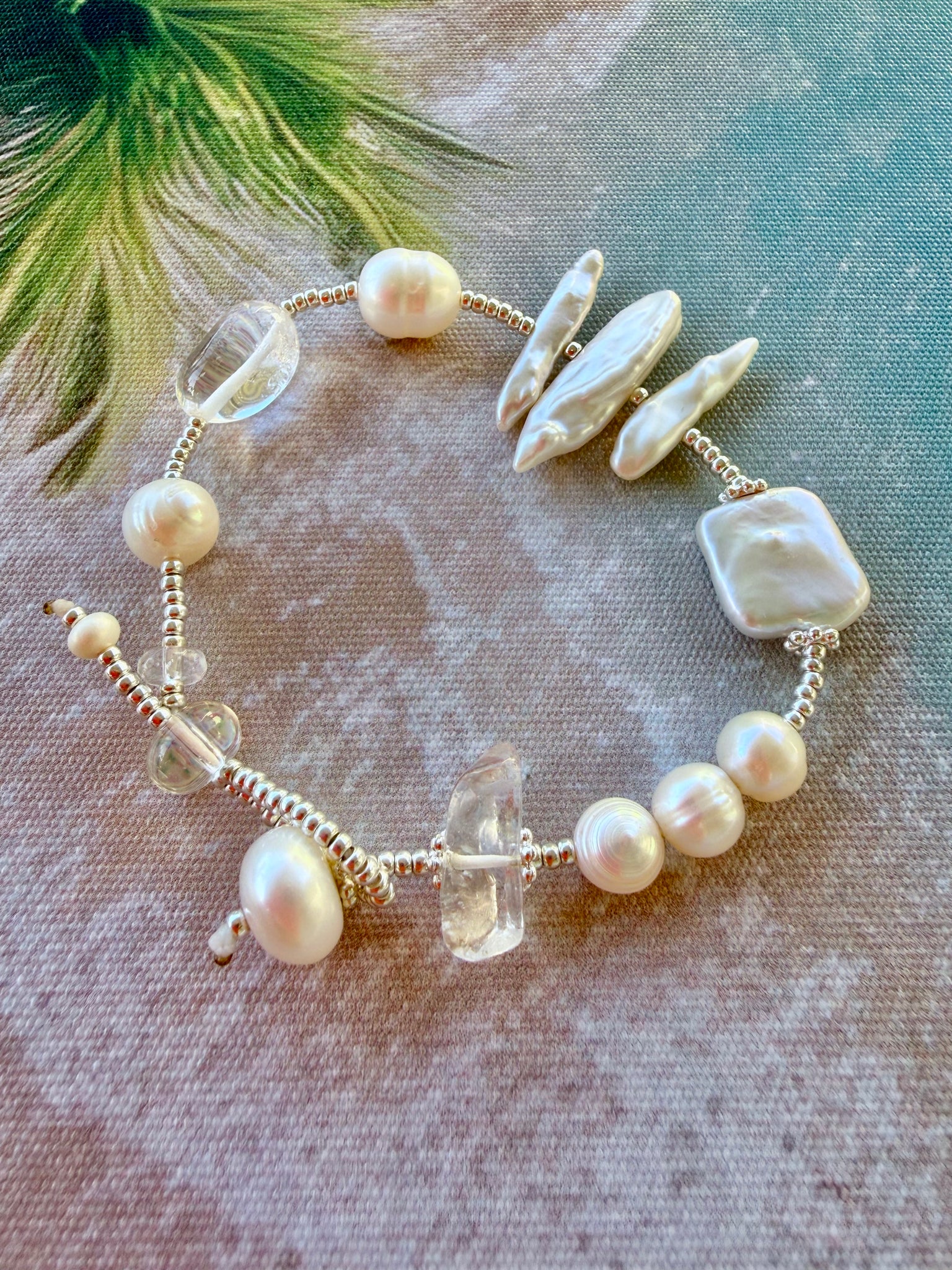 Coastal Pearl & Quartz Crystal Silver Bracelet