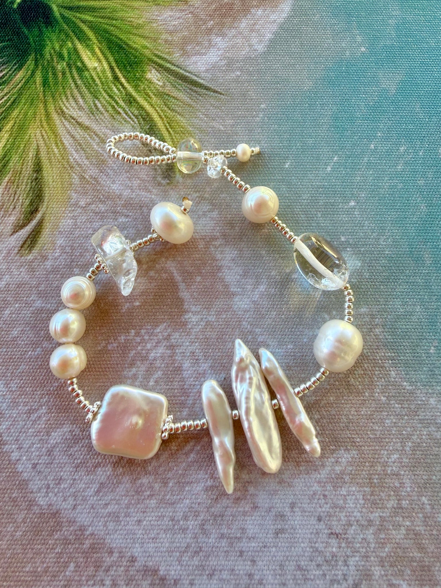Coastal Pearl & Quartz Crystal Silver Bracelet