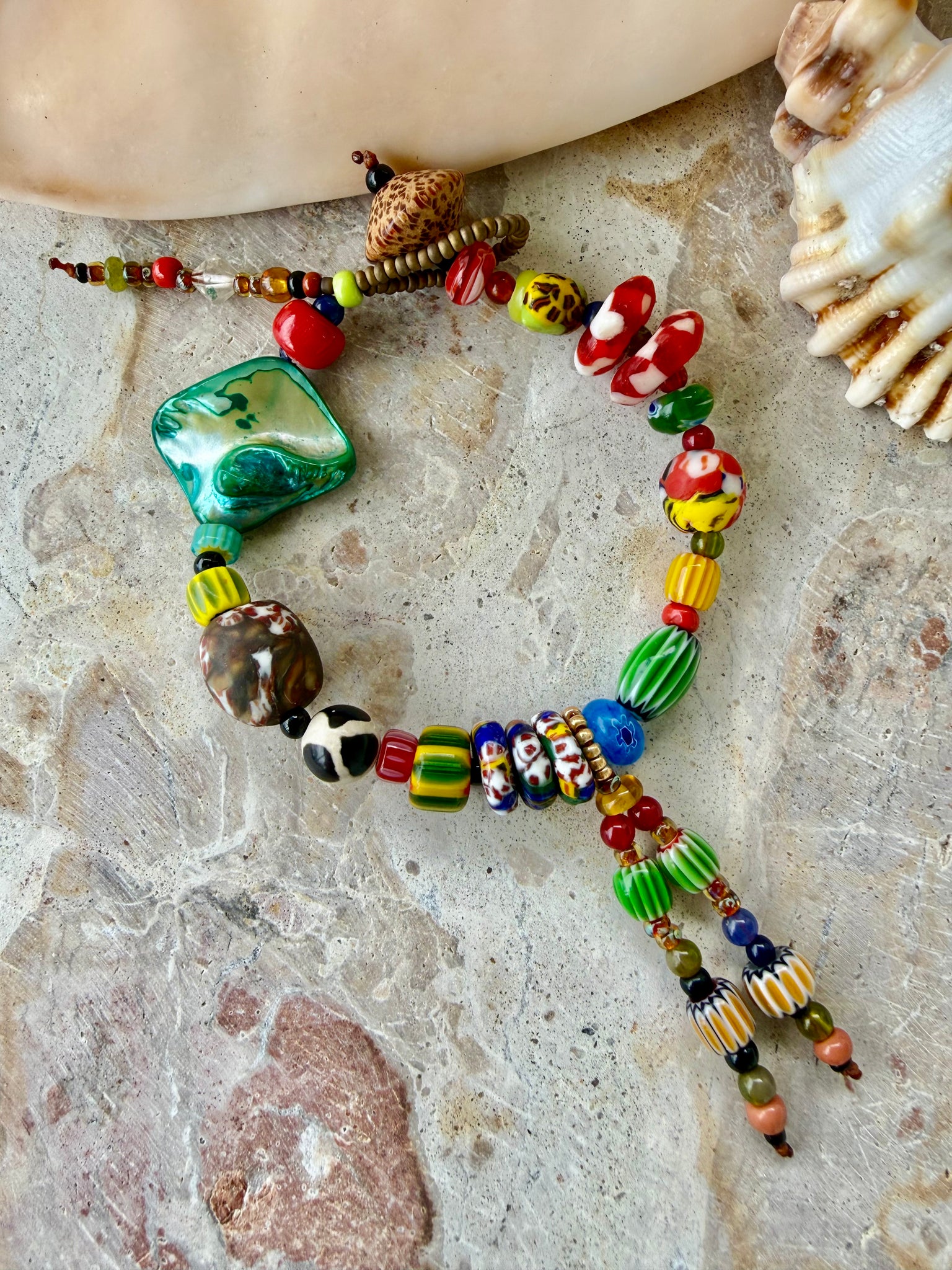 African Aqua Shell Charm Seed Bead Bracelet