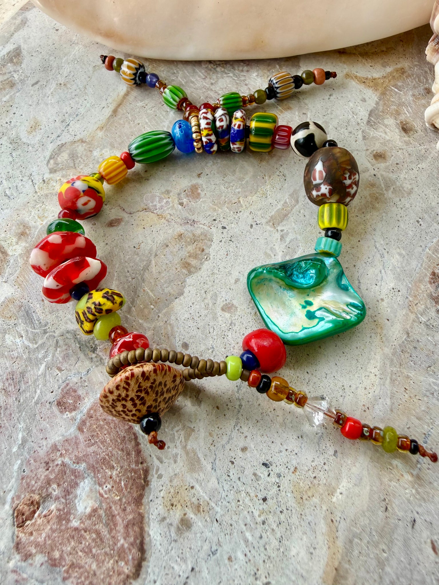 African Aqua Shell Charm Seed Bead Bracelet