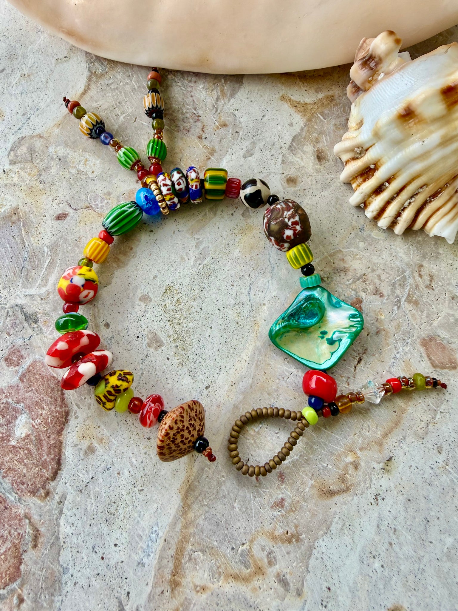 African Aqua Shell Charm Seed Bead Bracelet