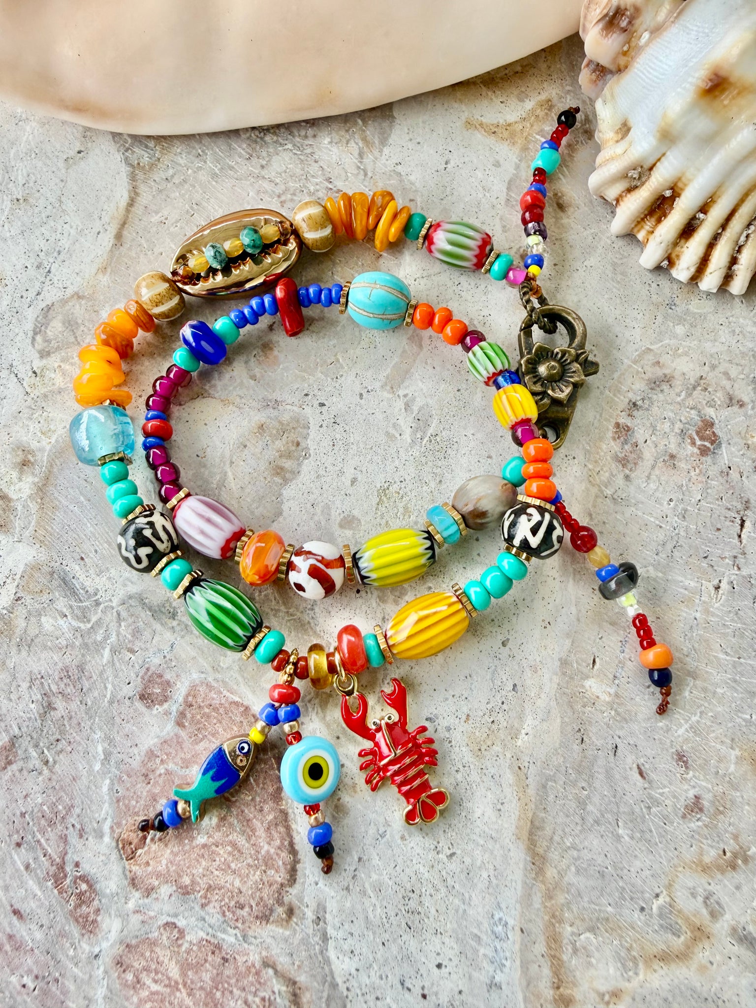 Hippy Gold Cowrie Seed Bead Bracelet