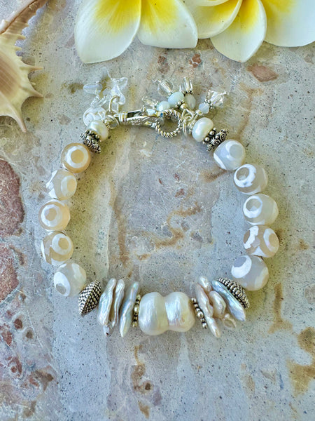 Silver White Stone Pearl Bracelet