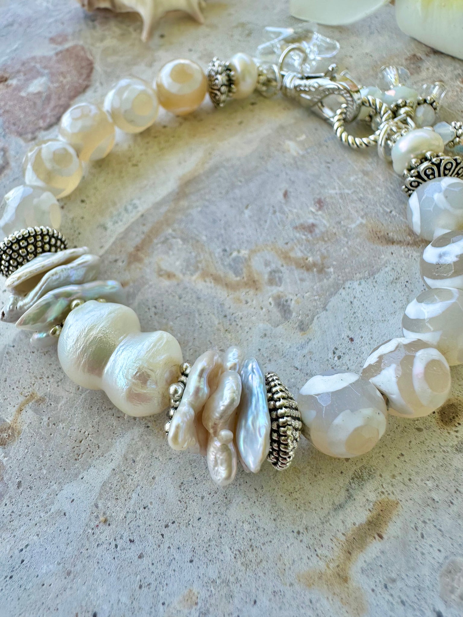 Silver White Stone Pearl Bracelet