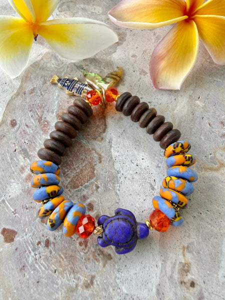 African Trade Bead Shell Turtle Bracelet