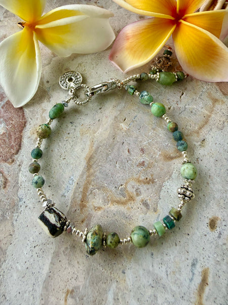 Turquoise Stone Silver Beaded Bracelet