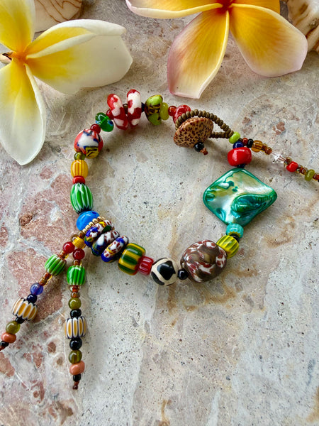 African Aqua Shell Charm Seed Bead Bracelet