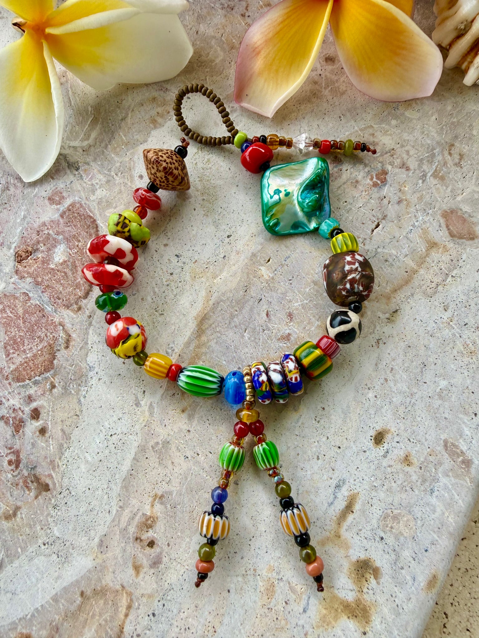 African Aqua Shell Charm Seed Bead Bracelet