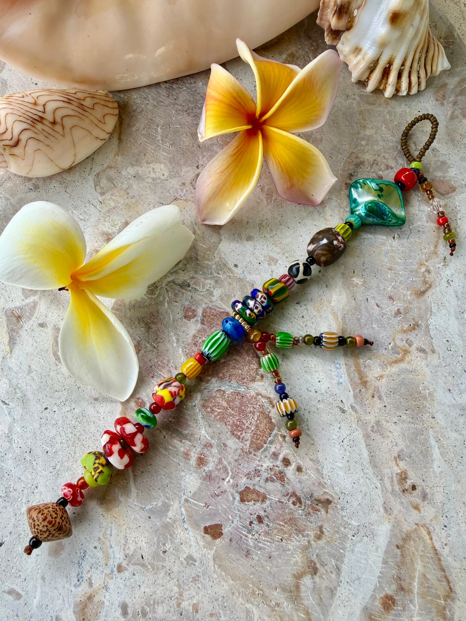 African Aqua Shell Charm Seed Bead Bracelet