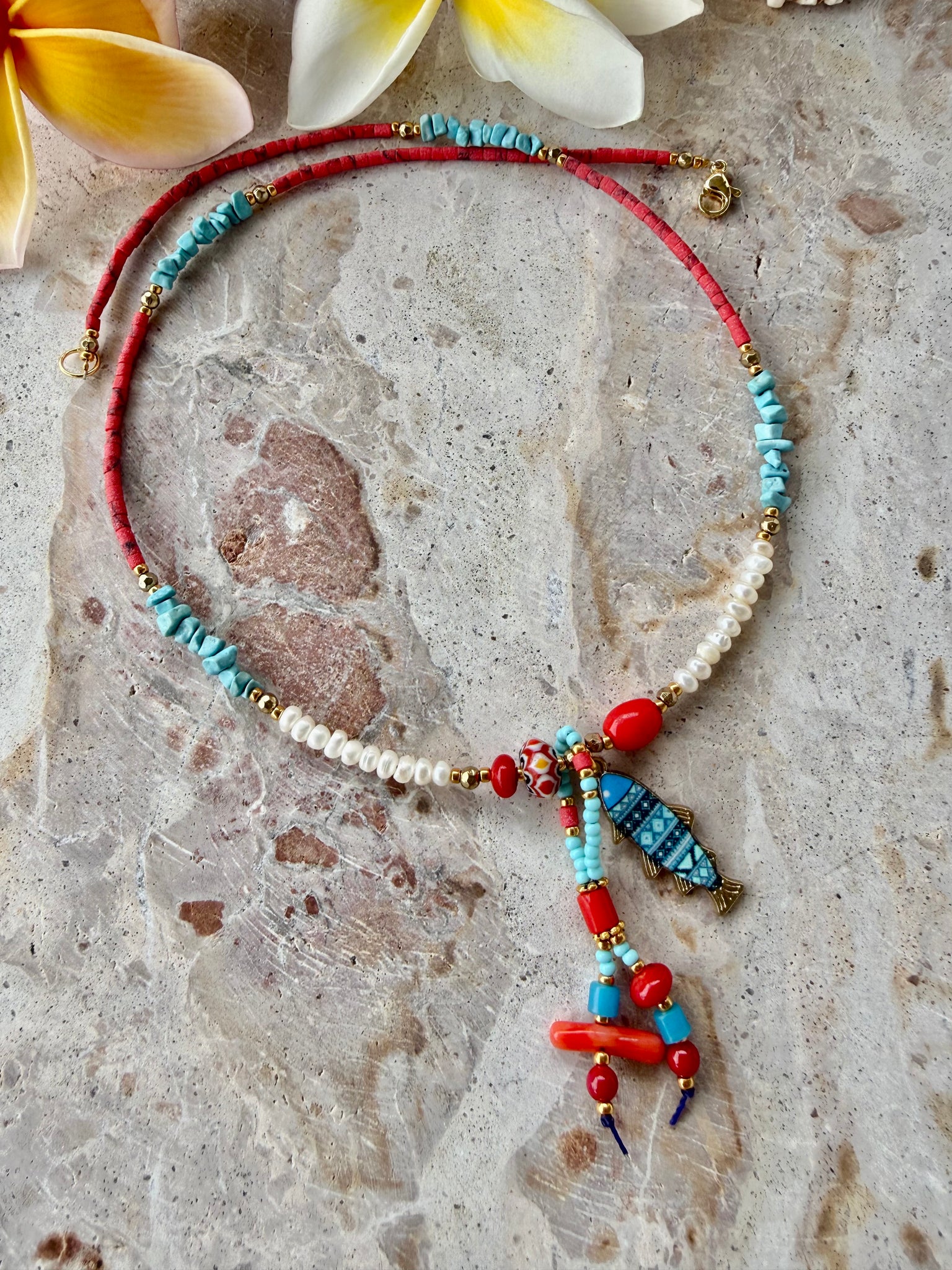 Greek  Pearl Aqua Stone Charm Necklace