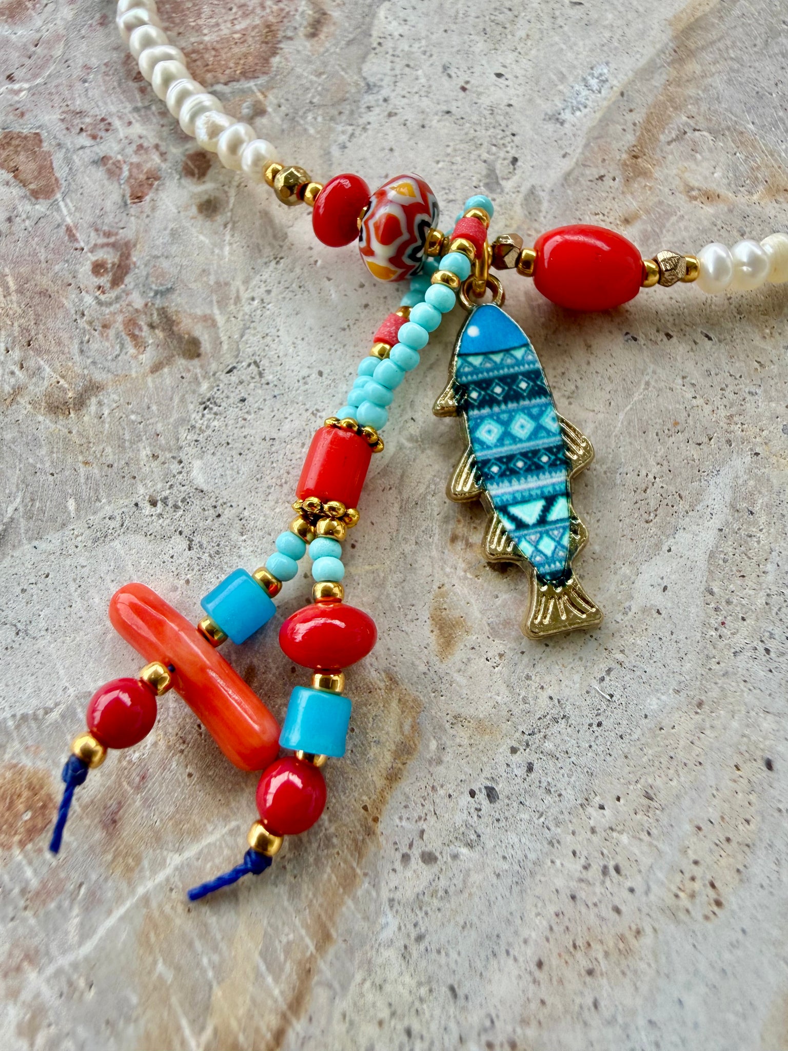 Greek  Pearl Aqua Stone Charm Necklace