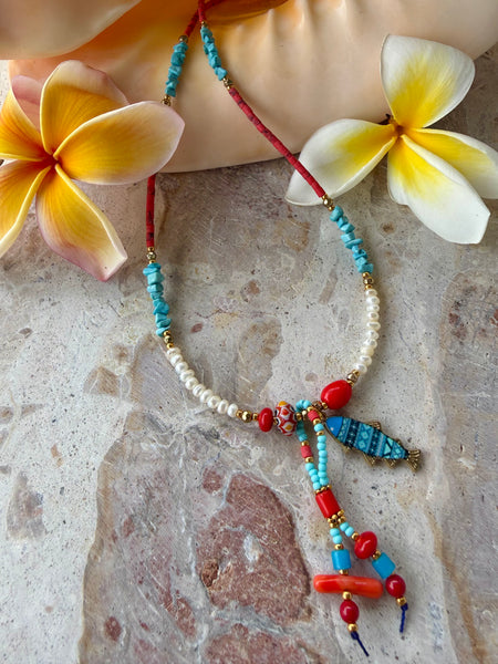 Greek  Pearl Aqua Stone Charm Necklace