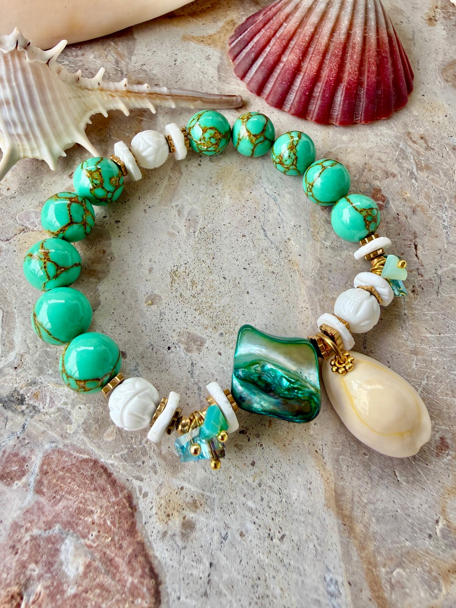 Sea-Foam Cowrie Shell Stone Bracelet