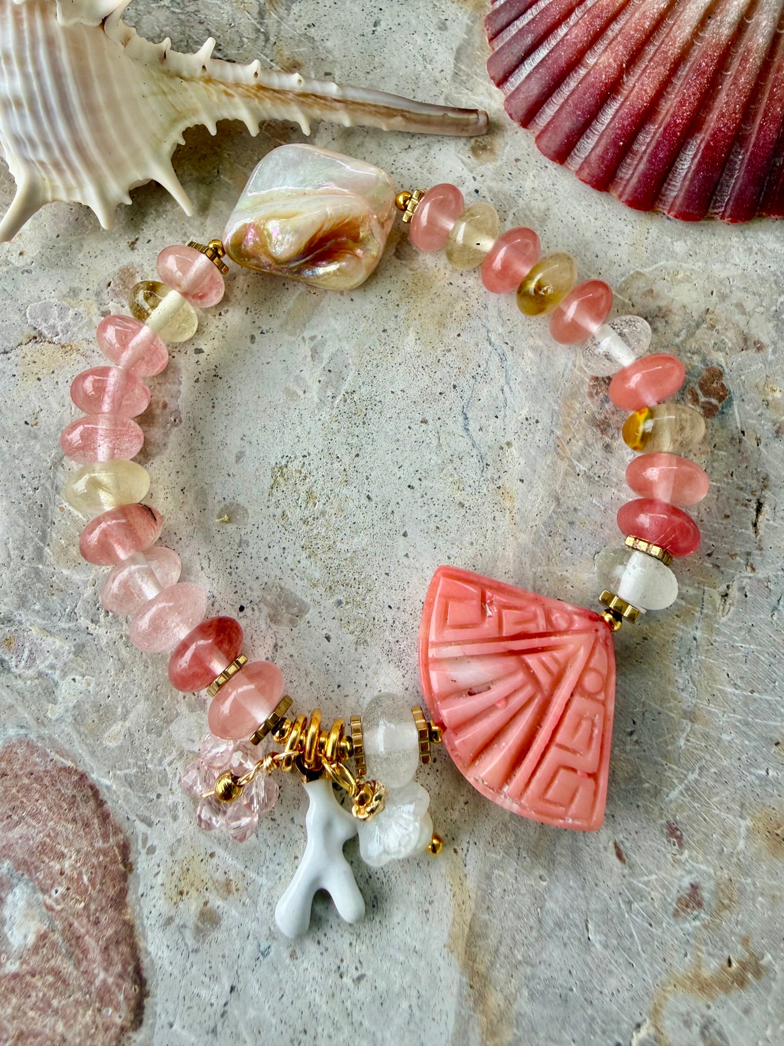 Coral Beaded Quartz Crystal Stone Bracelet