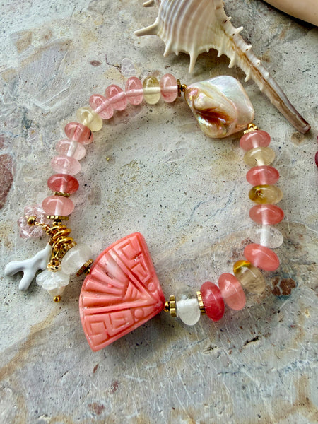 Coral Beaded Quartz Crystal Stone Bracelet