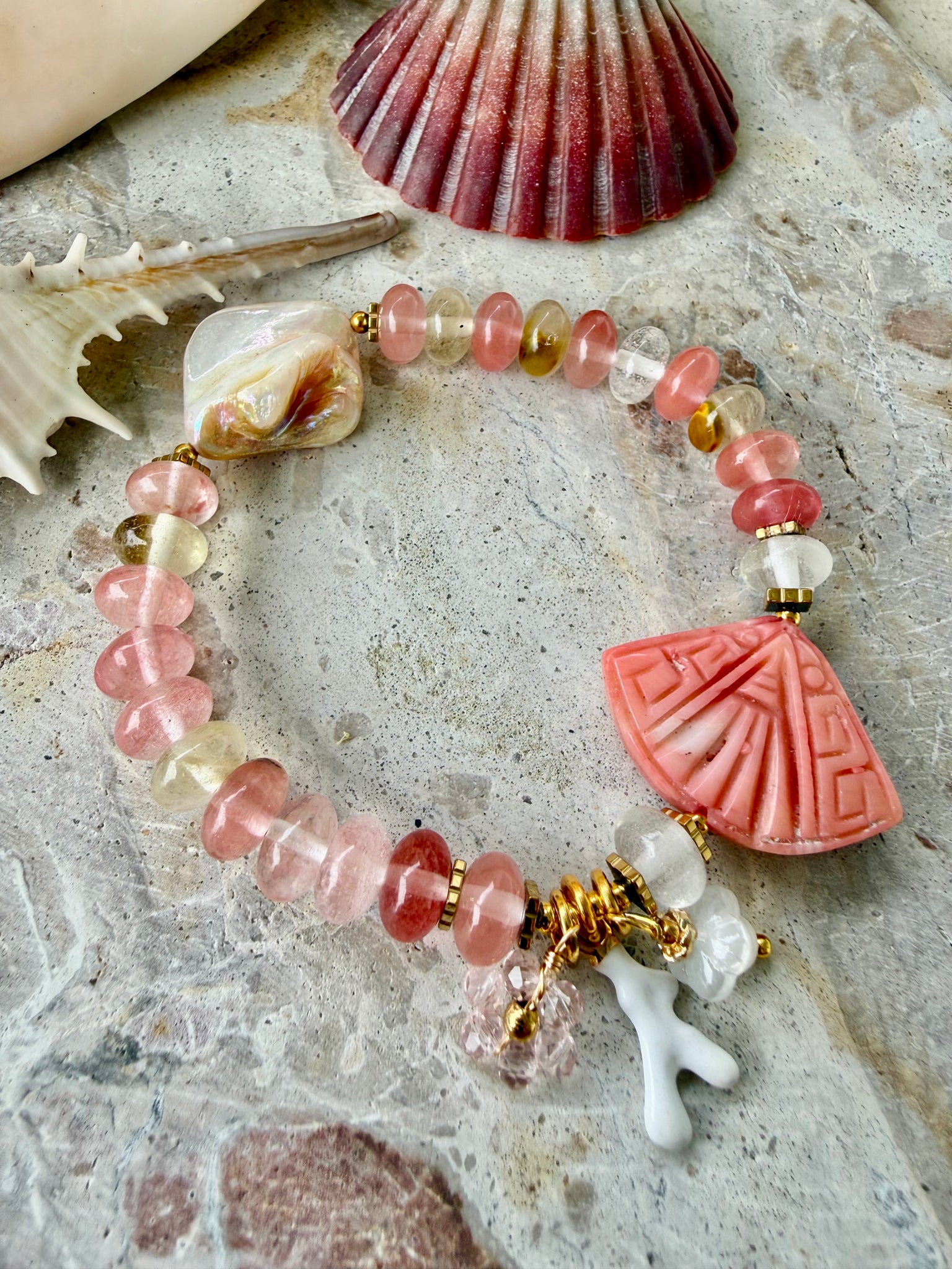 Coral Beaded Quartz Crystal Stone Bracelet