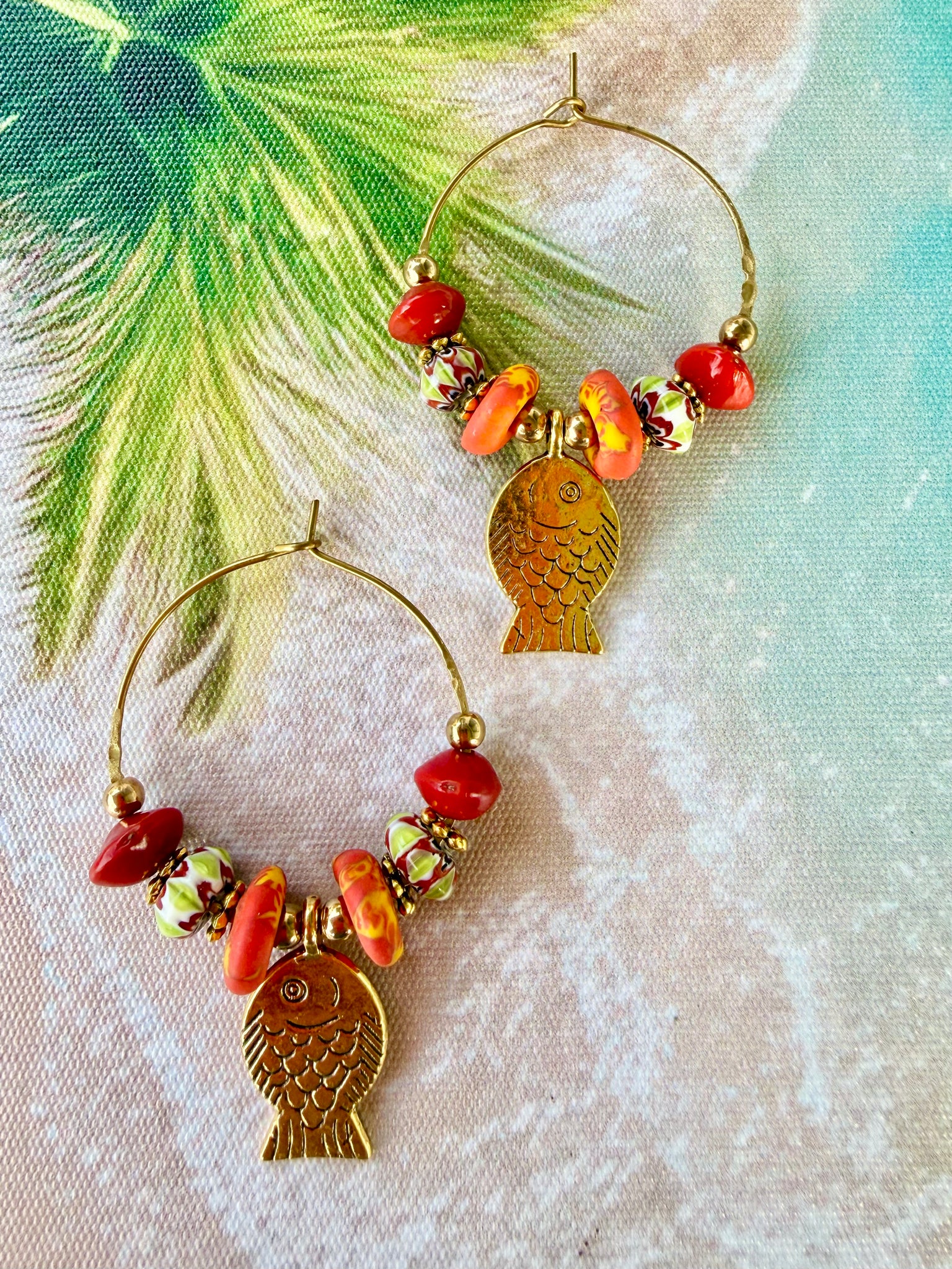 African Boho  Trade Bead Fish Earrings