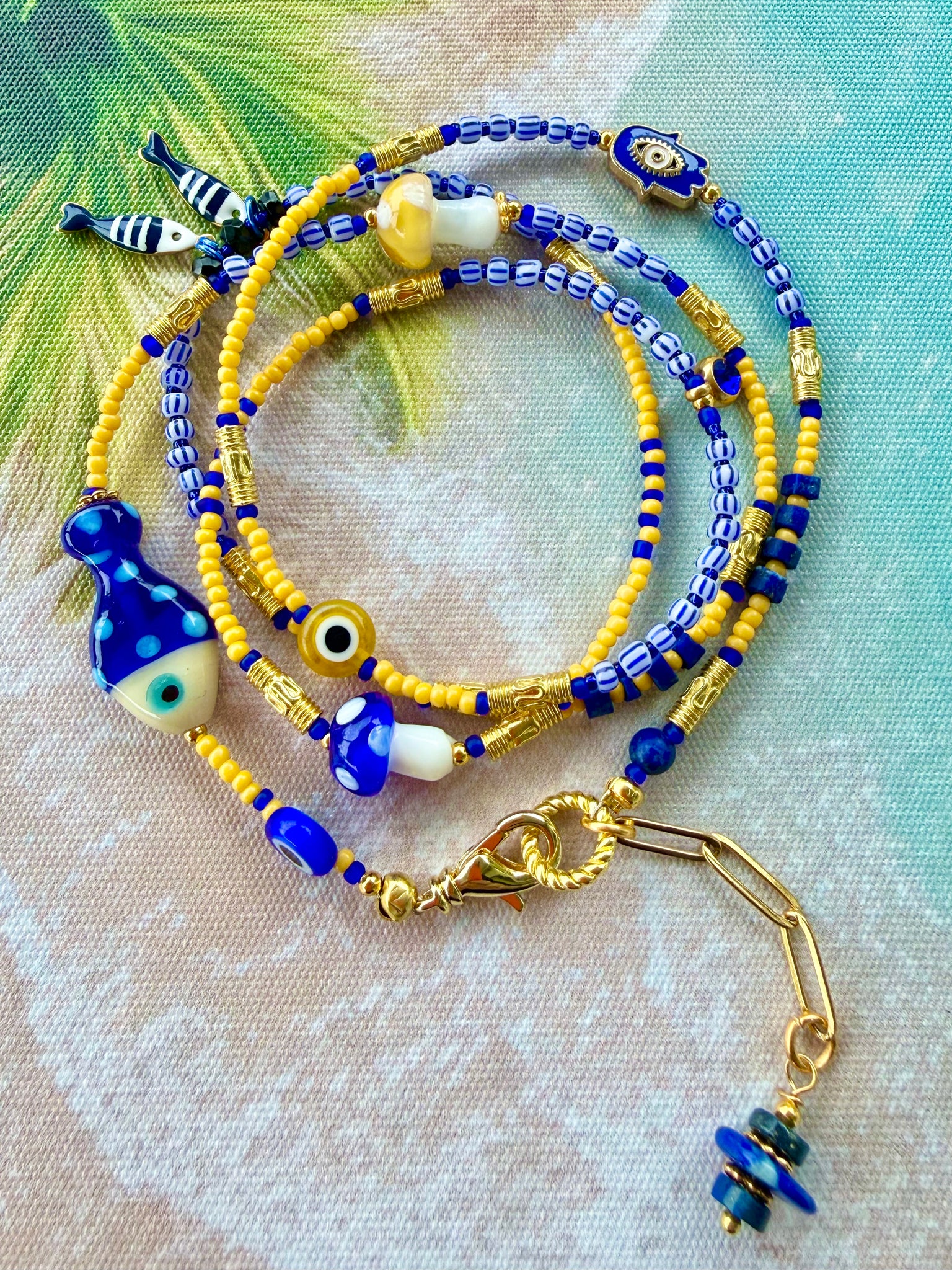 Blue & Yellow Evil Eye Seed Bead Wrap Bracelet