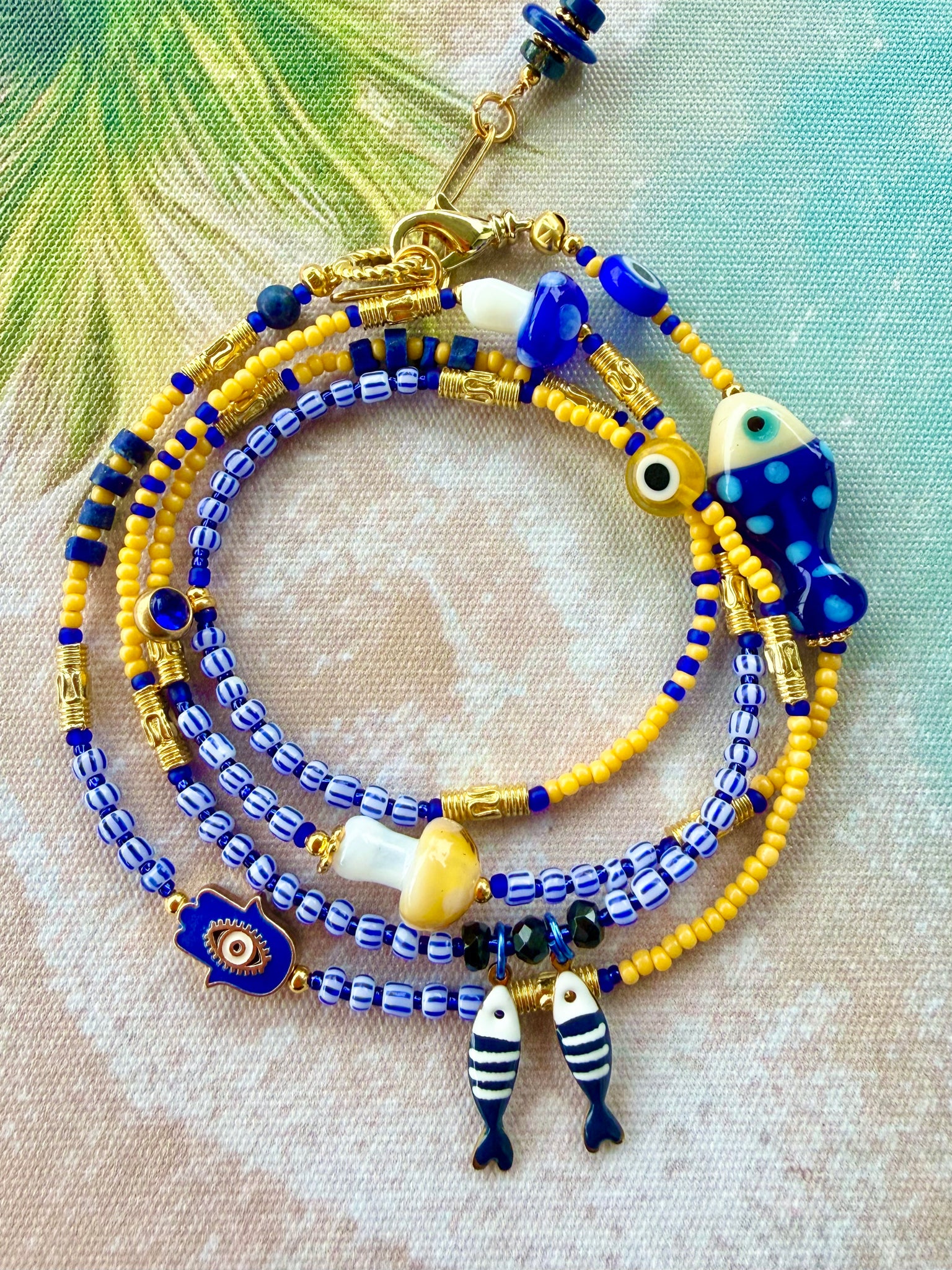Blue & Yellow Evil Eye Seed Bead Wrap Bracelet