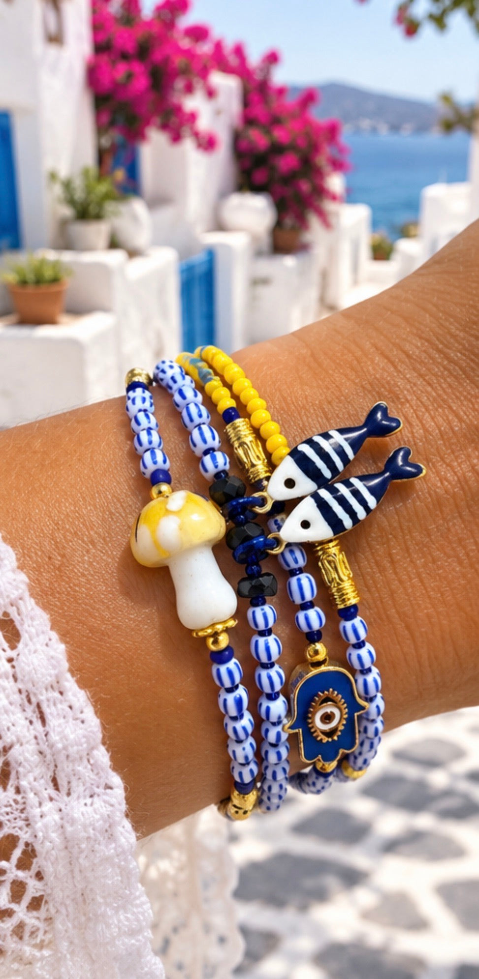 Blue & Yellow Evil Eye Seed Bead Wrap Bracelet