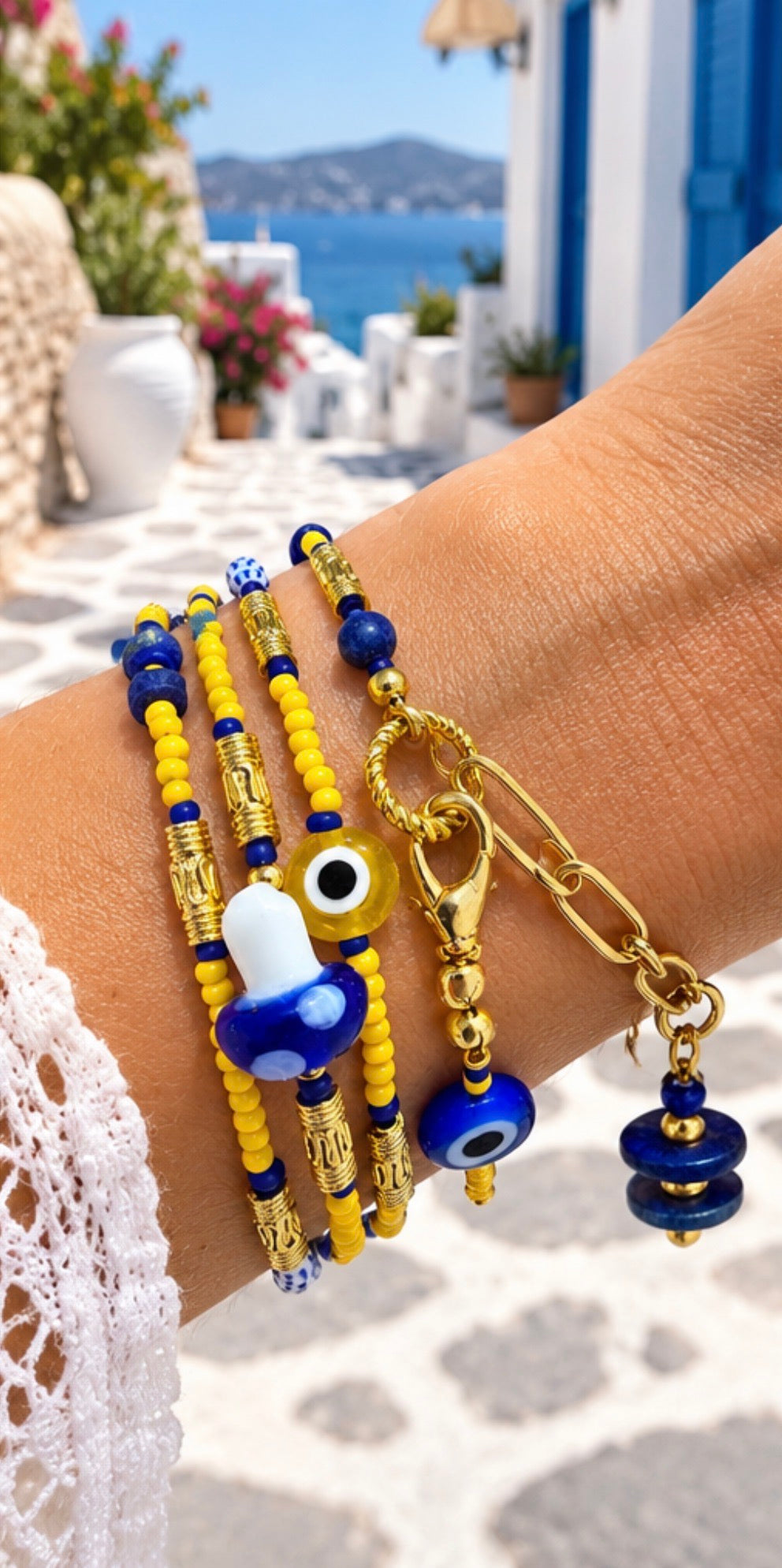 Blue & Yellow Evil Eye Seed Bead Wrap Bracelet