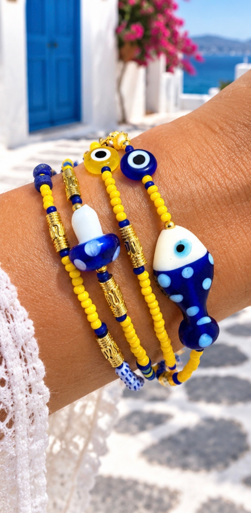 Blue & Yellow Evil Eye Seed Bead Wrap Bracelet
