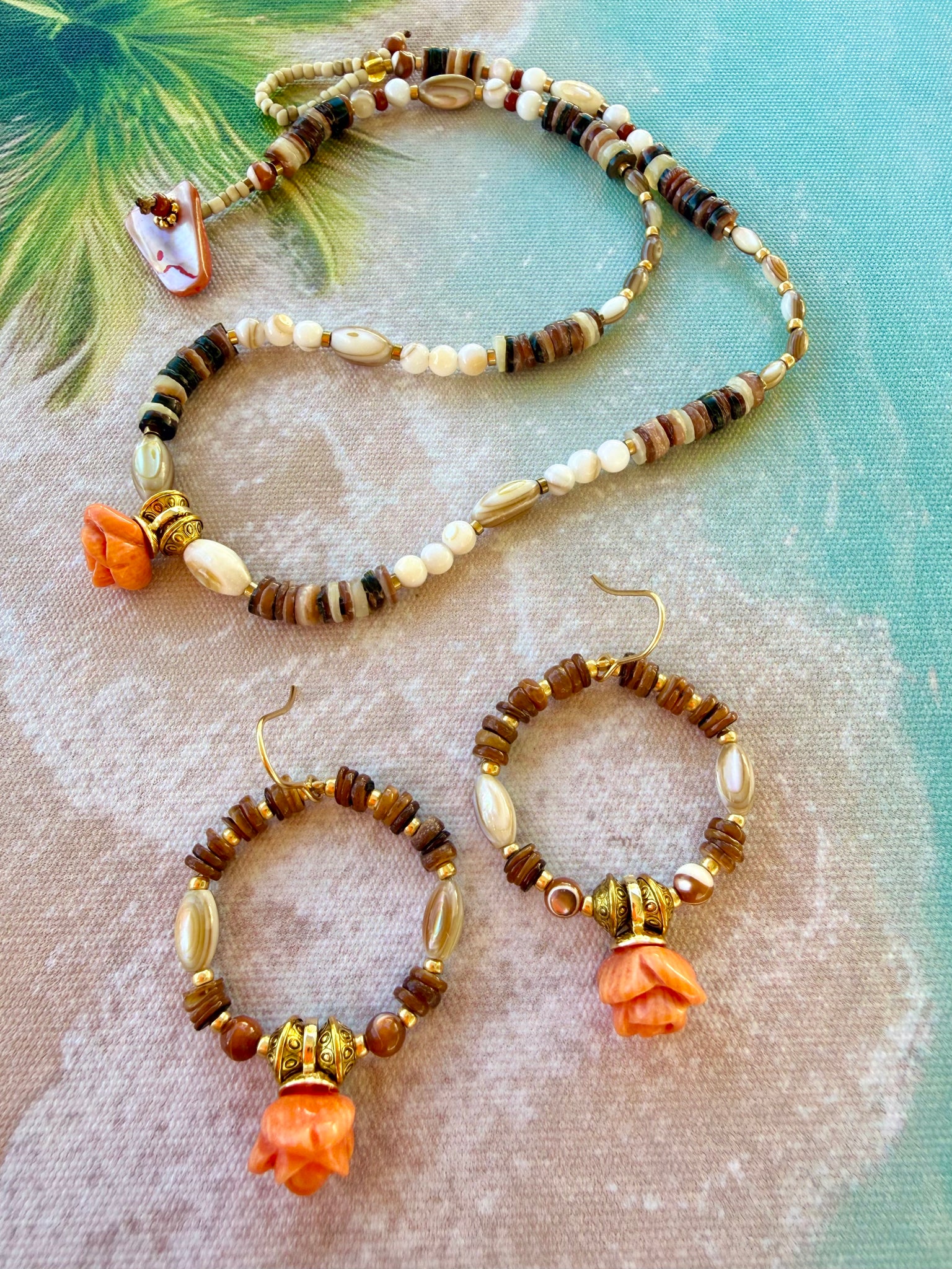 Coral Shell Earrings & Shell Coral Necklace Set