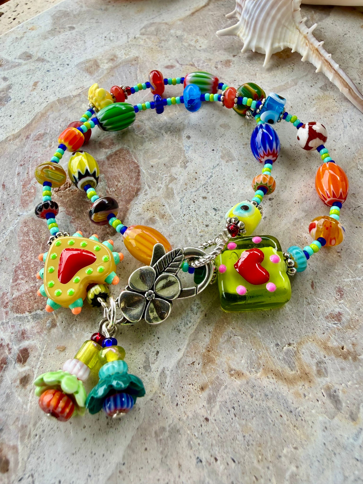 Boho Heart Charm Glass Beaded Bracelet