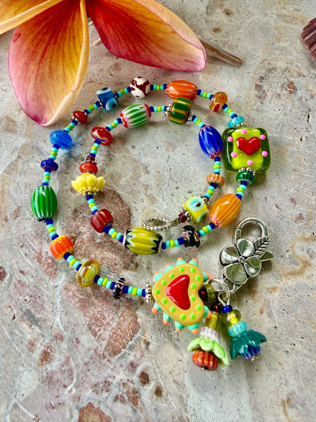 Boho Heart Charm Glass Beaded Bracelet