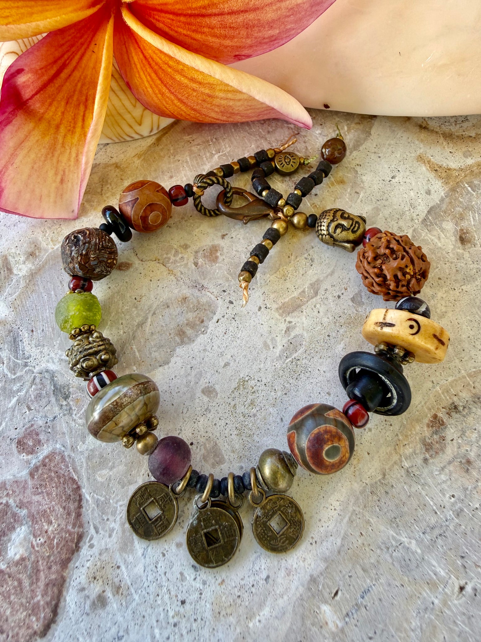 Tibetan Coin Stone Beaded Bracelet