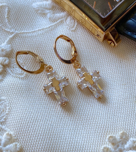 Gold Crystal Cross Earrings