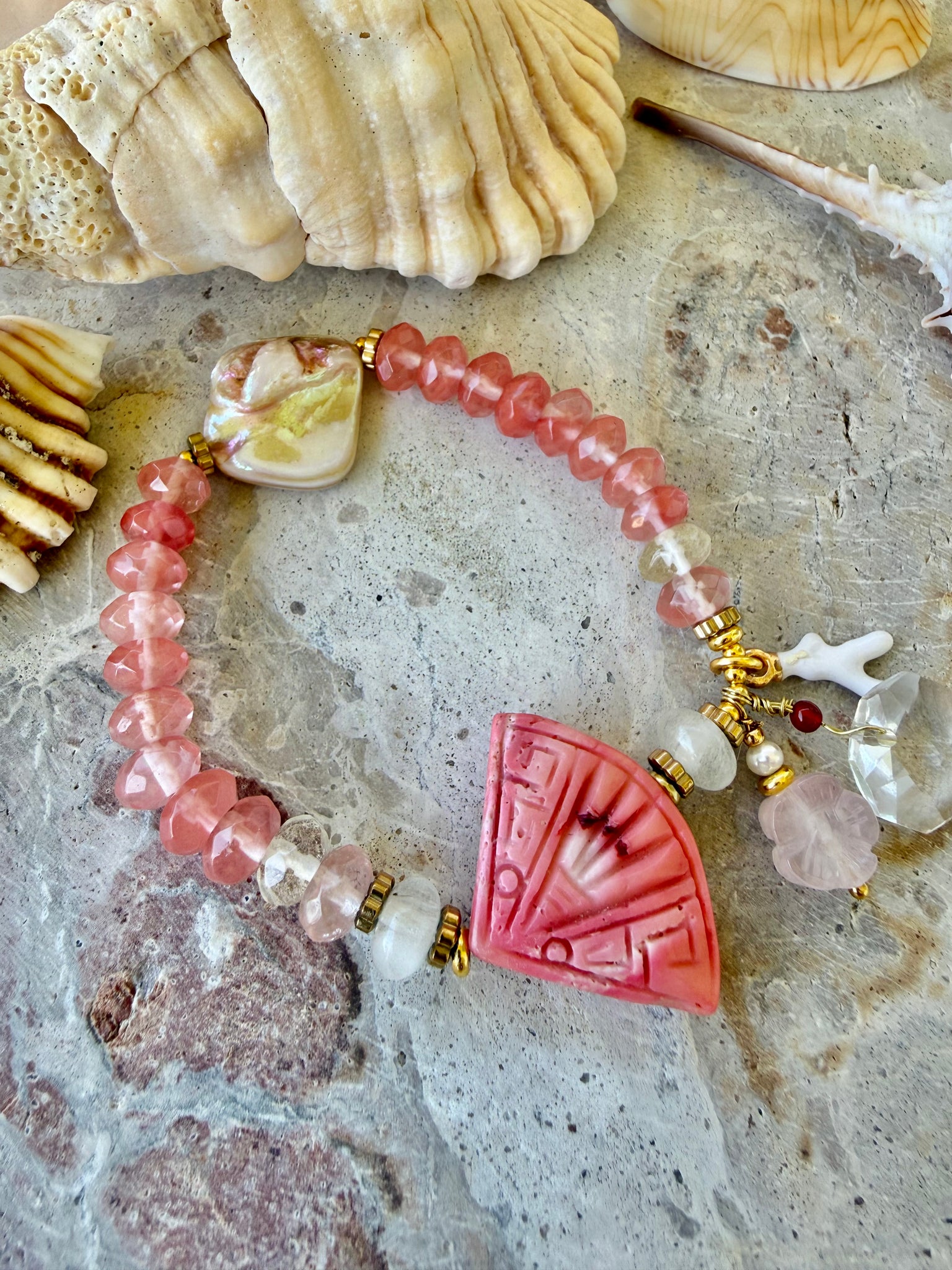 Coral Beaded Quartz Crystal Stone Bracelet