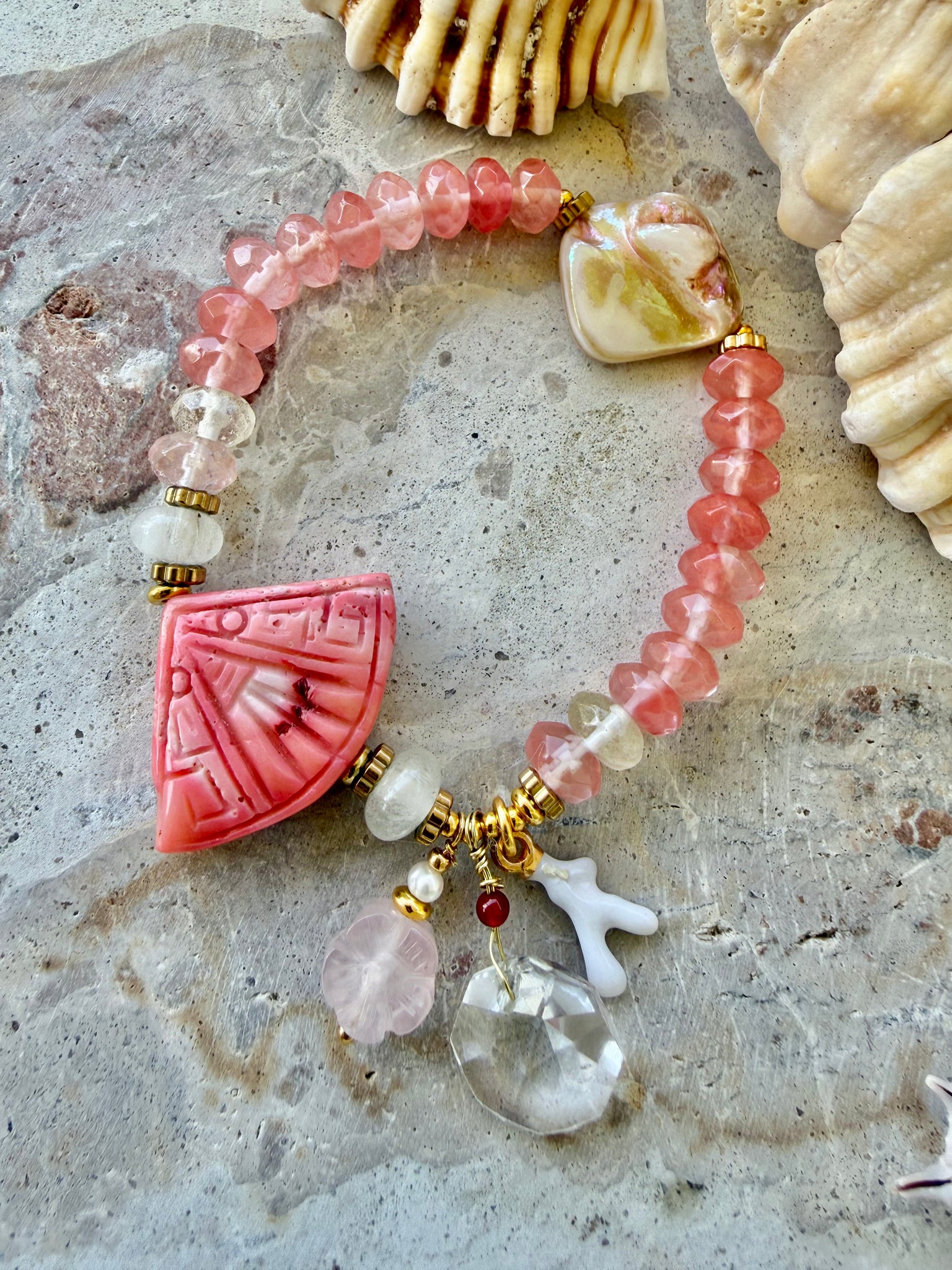Coral Beaded Quartz Crystal Stone Bracelet