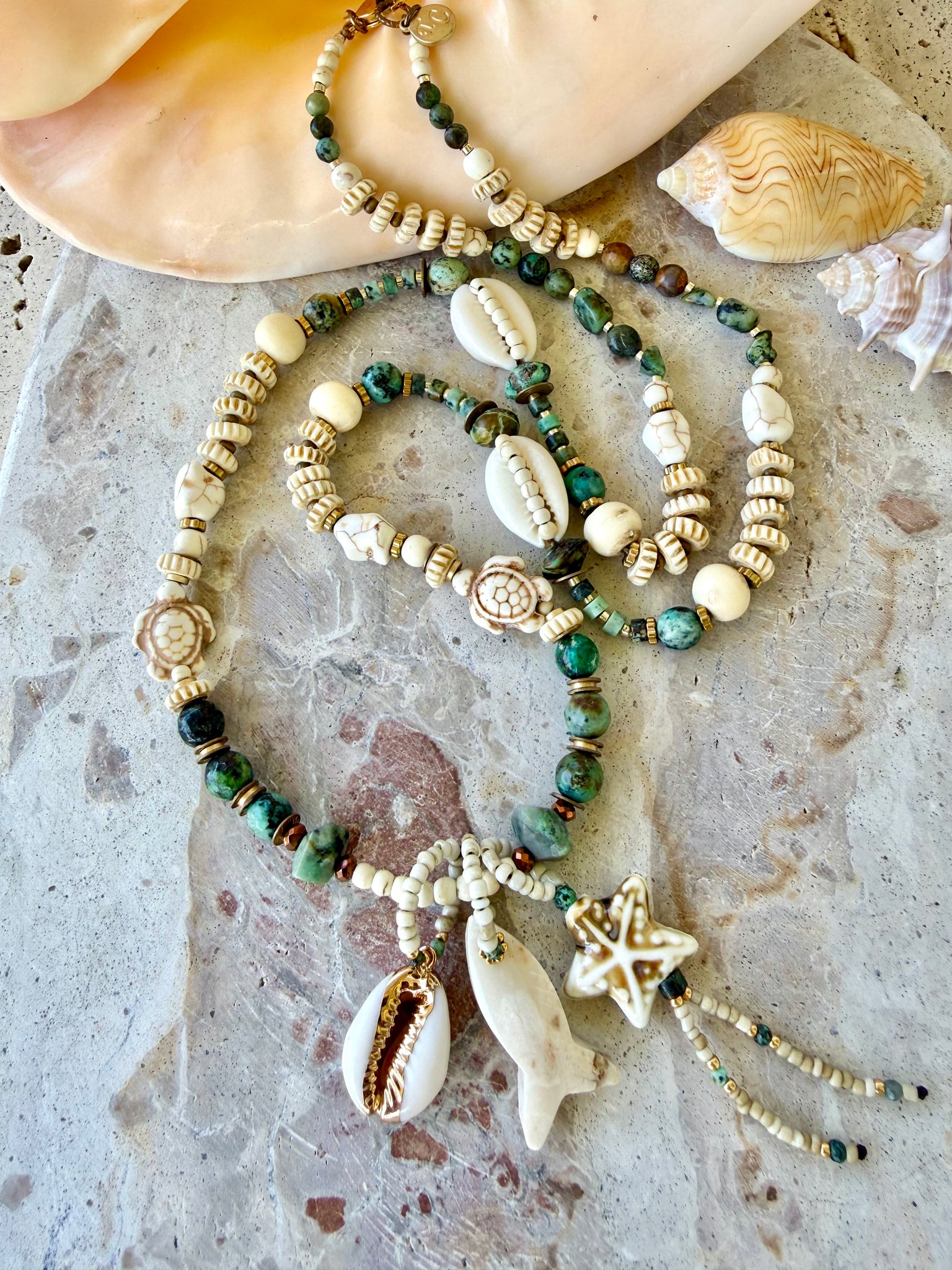 Turquoise Stone Beach Shell Beaded Necklace