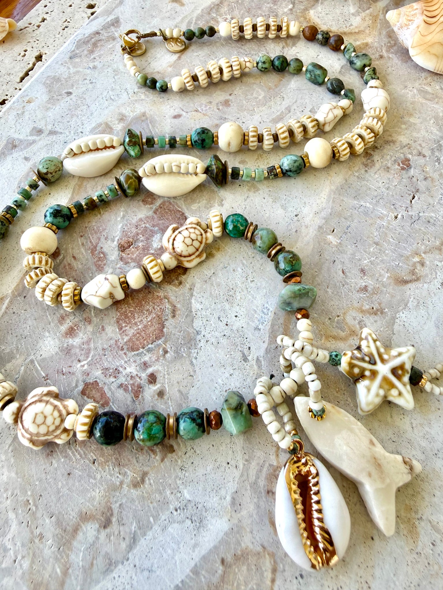 Turquoise Stone Beach Shell Beaded Necklace
