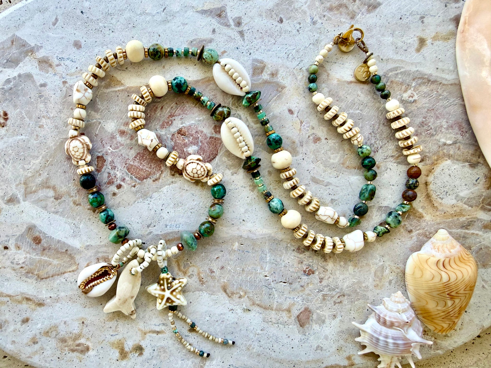 Turquoise Stone Beach Shell Beaded Necklace