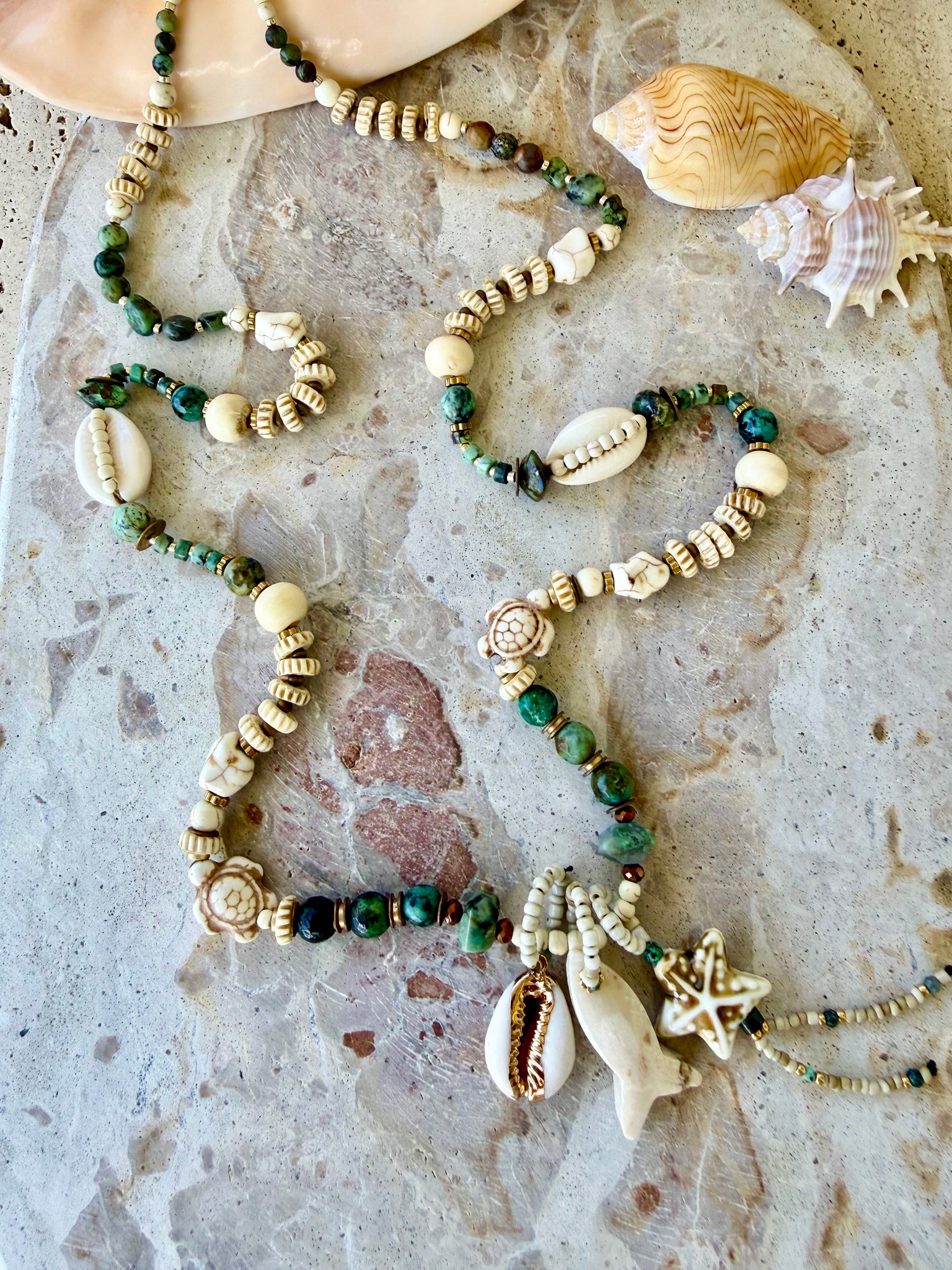Turquoise Stone Beach Shell Beaded Necklace