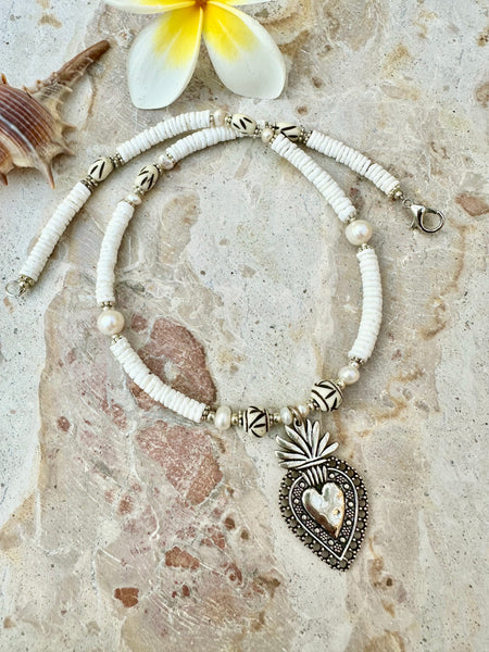 Boho Silver Heart Heishi Shell Necklace