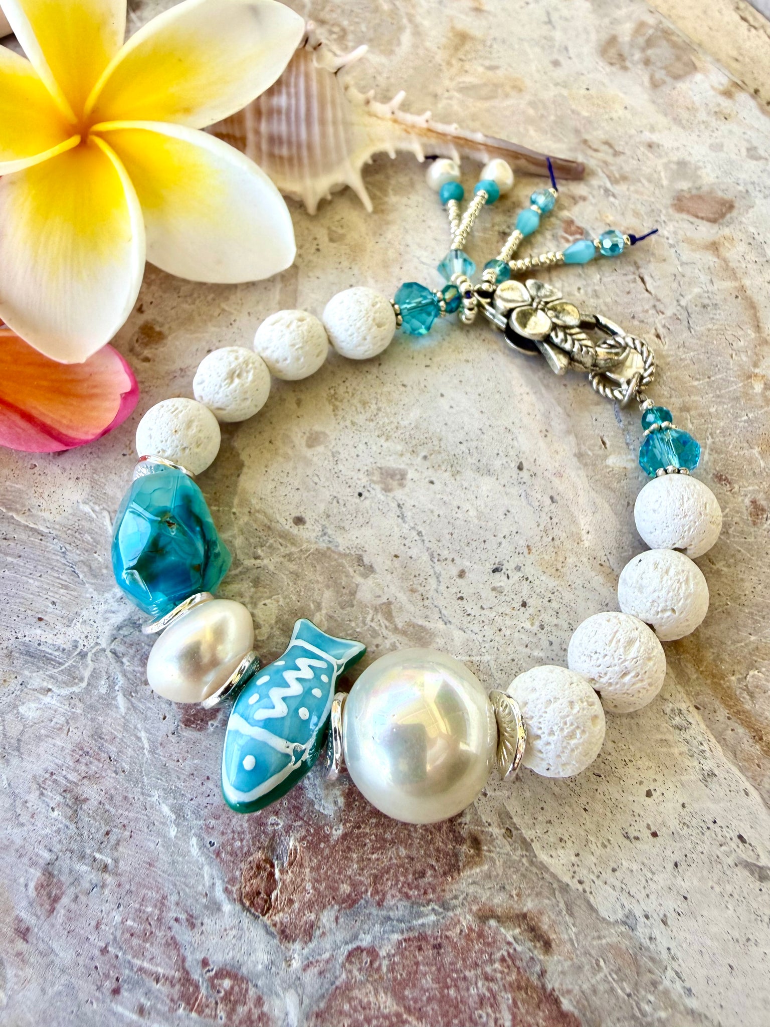 Coastal White Shell Pearl Charm Bracelet