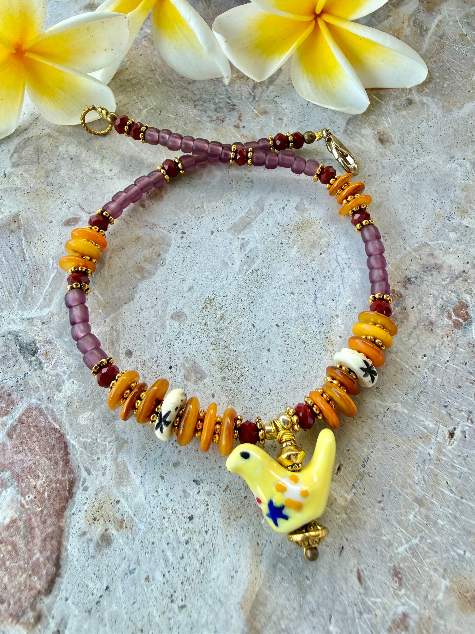 Boho Bird Charm Shell Beaded Anklet